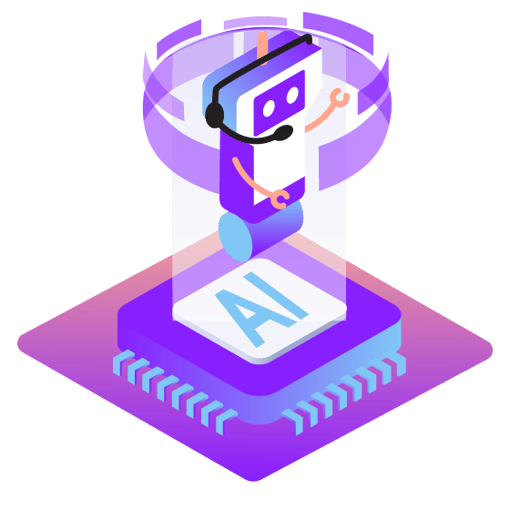 Illustration of a robot floating above a computer chip marked AI. The robot is wearing a phone headset. Circling around its head are several purple horizontal bars.